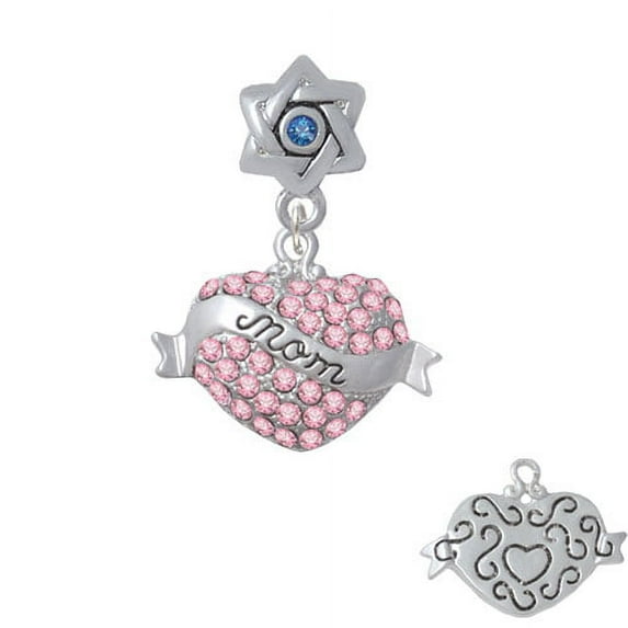 Mom Banner on Pink Crystal Heart - Star of David with Blue Crystal Charm Bead