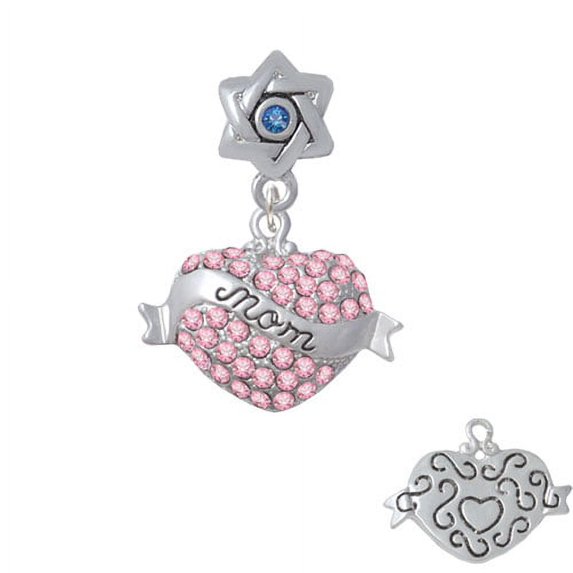 Mom Banner on Pink Crystal Heart - Star of David with Blue Crystal Charm Bead