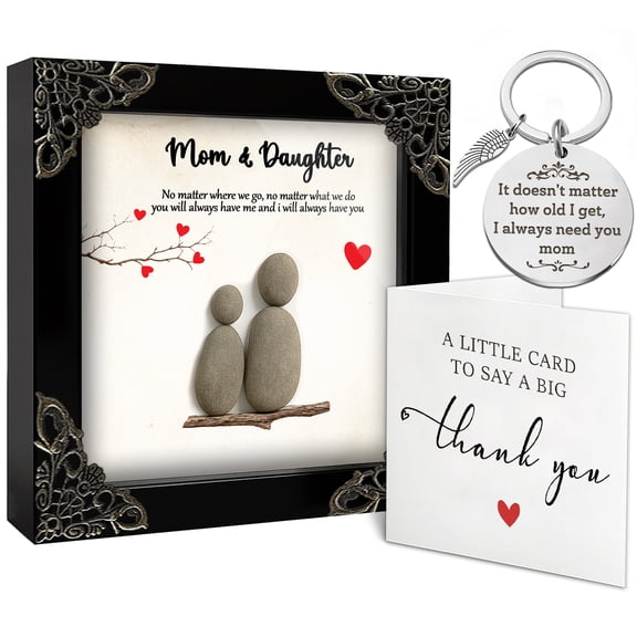 Mom Birthday Gifts from Daughter, Pebble Art Frame Mother and Daughter Plaque, Motherhood Engraved Keychain for Women, Thank You Card, Best Mom Ever Gifts, Valentines Day Mothers Day Present S15-47