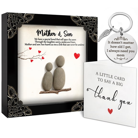Mom Birthday Gifts from Son, 5.5" Pebble Art Frame Mother and Son Plaque, Mother Engraved Keychain for Women, Thank You Card, Best Mom Ever Gifts, Valentines Day Mothers Day Present S16-55