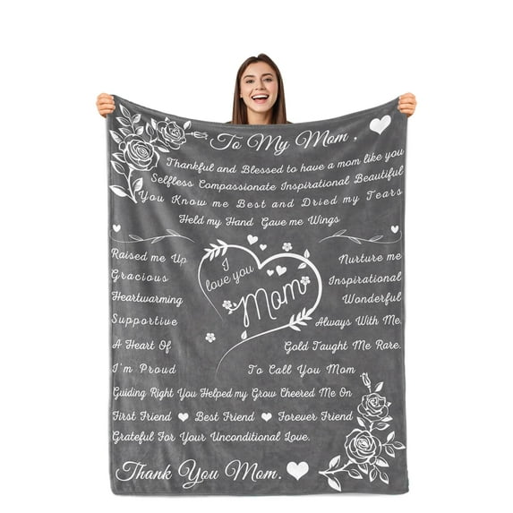 Mom Blanket, Mom Blankets From Daughter Son, Birthday Gifts For Mom, Christmas Gifts For Women, I Love You Mom Blanket Hug Presents For Best Moms, Mother Flannel Letter Throw Blanket " (Grey)(40"x50")