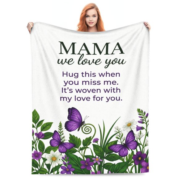 Mom Blanket, We Love You Mom Heartwarming Design, Soft Cozy Flannel Blanket from Daughter Son, Birthday Mother’s Day Gift for Home Sofa Couch 50x40