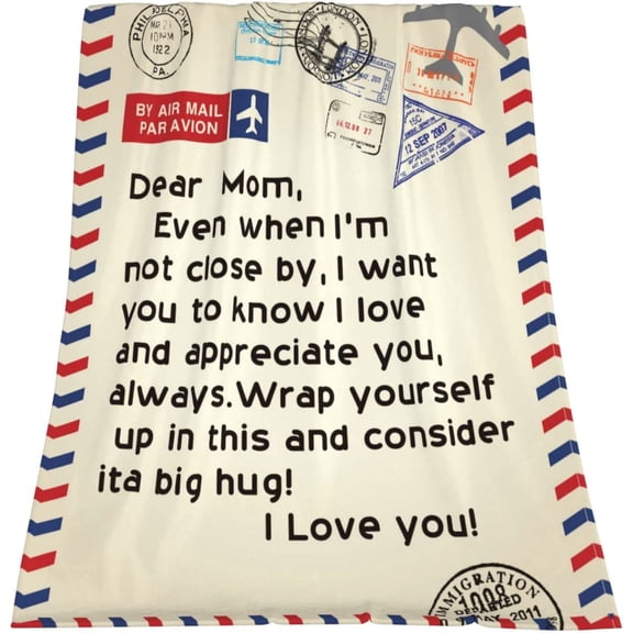 Mom Blankets from Daughters Son Air Mail Letter Print Happy Birthday Gift Present for My Best Dear Mom Mother''s Day Christmas Thanksgiving Bed Living Room Soft Fleece Throw Blanket 60"x50"Inch Beige