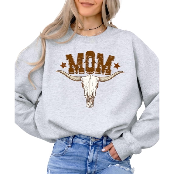 Mom Bull Skull Sweatshirt for Women Trendy Western Country Style Crewneck Gray Sweatshirt Adult X-Large