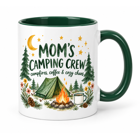 Mom Camping Crew Mug, 11oz Dark Green Accent Coffee Cup, Funny Watercolor Outdoor Gift for Mom