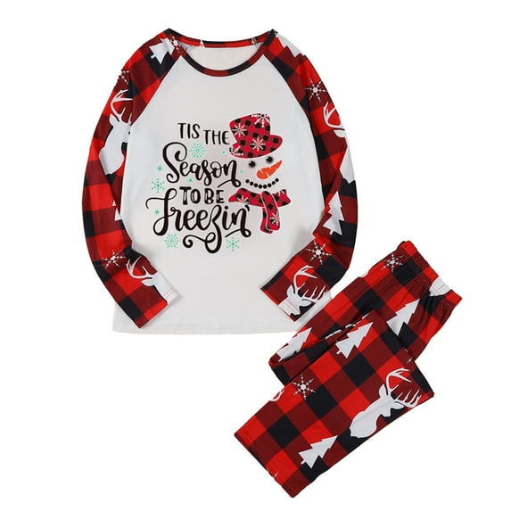 (Mom)Christmas Family Pajamas Matching Set, Snowman Letters Print T-shirt with Plaid Pants Sleepwear Loungewear