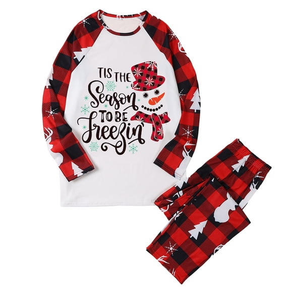 (Mom)Christmas Family Pajamas Matching Set, Snowman Letters Print T-shirt with Plaid Pants Sleepwear Loungewear