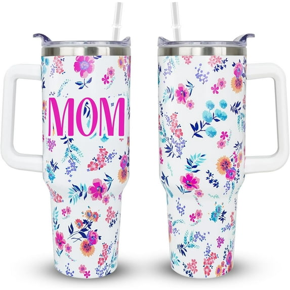 Mom Cup Tumbler 40oz - Mothers Day Birthday Gift from Daughter Son - Stainless Steel Insulated Travel Mug with Handle & Straw
