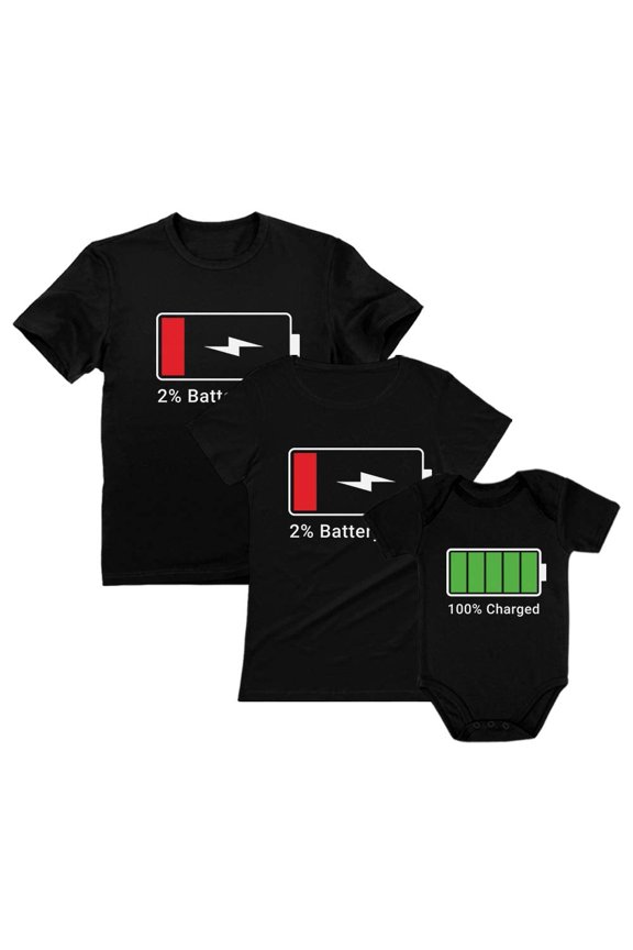 Mom Dad Baby Matching Outfits 100% Charged Full and Low Battery Family Set Mom Black Medium / Dad Black X-Large / Baby Black 12M (6-12M)