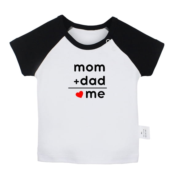 Mom   Dad = Me Funny T shirt For Baby, Newborn Babies T-shirts, Infant Tops, 0-24M Kids Graphic Tees Clothing (Short Black Raglan T-shirt, 6-12 Months)