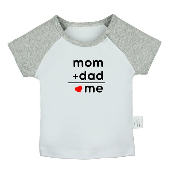 Mom + Dad = Me Funny T shirt For Baby, Newborn Babies T-shirts, Infant Tops, 0-24M Kids Graphic Tees Clothing (Short Gray Raglan T-shirt, 12-18 Months)