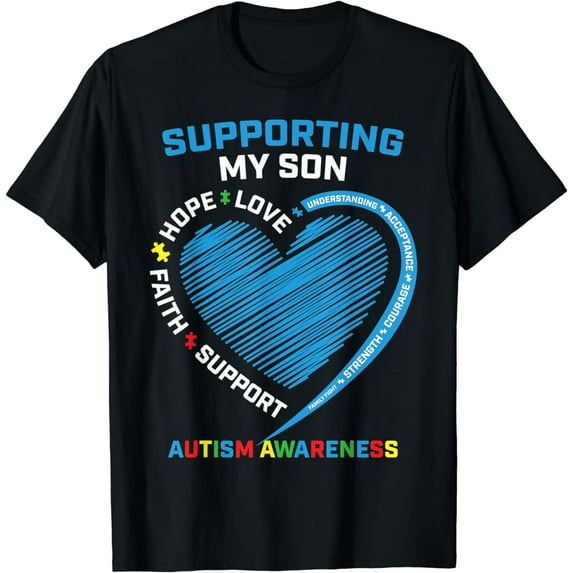 Mom Dad Heart Support I Wear Blue For Son Autism Awareness T-Shirt