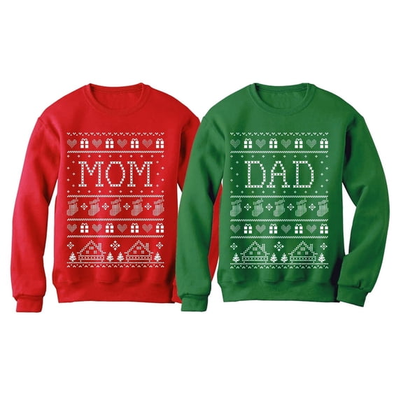 Mom & Dad Matching Ugly Christmas Sweatshirts Matching Couple Set Outfit Red XX-Large / Sweatshirt Green XX-Large