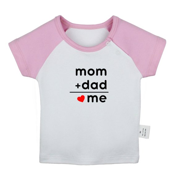Mom Dad = Me Funny T shirt For Baby, Newborn Babies T-shirts, Infant Tops, 0-24M Kids Graphic Tees Clothing (Short Pink Raglan T-shirt, 6-12 Months)