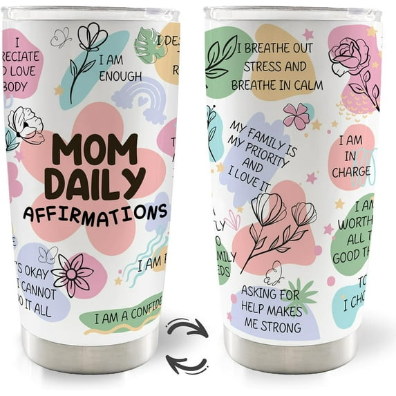 Mom Daily Affirmations 20oz Travel Coffee Mug Tumbler, New Mom Mother Mommy Gifts for Christmas from Daughters Sons, Mom Birthday Gifts,Mothers Day Stainless Steel Tumbler with Lid and Straw
