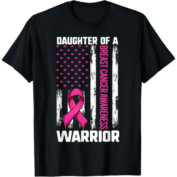 Mom Daughter Of A Warrior Flag Shirt, Breast Cancer Support T-ShirtMen and women, Black T-shirt, size: Extra large