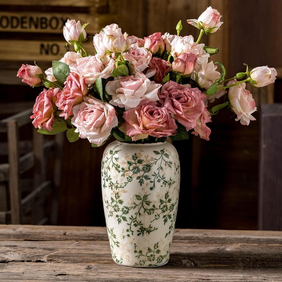 for Mom from Daughter or Son, Pastoral Green Ceramic Flower Vase 8.5”, Rustic Cottage Core Decor for Living Room, Bookshelf, Office, Mantel & Table Centerpiece
