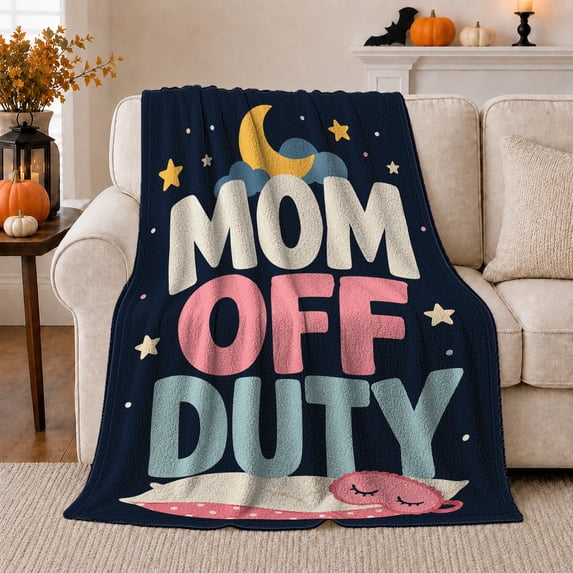 Mom Off Duty Sleepy Moon Stars Playful Celestial, Playful Celestial Art Scene, Warm Flannel Blanket for Home Library and Reading Nook, Celestial Art Lovers Mother's Day Gift, Celestial Home Decor