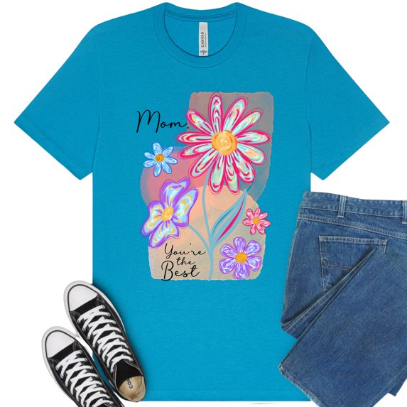 Mom Floral Graphic Premium T-Shirt – Pastel Flower Print Tee for Women, Aqua, S