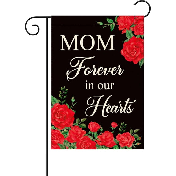 Mom Forever In Our Hearts Memorial Garden Flag, Sympathy Grave Decorations Double Sided 12 x 18 Inch Linen Flag, Memorial Rose Floral Butterflies Farmhouse Yard Mom Mama Grandma Cemetery Decor