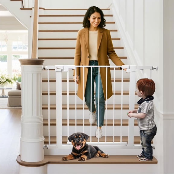 Mom Genius Pressure Mounted Baby Gate for Stairs, Extra Wide 29-40.5 Inch Adjustable, Auto-Close, Double Lock, 29.9" Tall Metal Dog Gates for Doorways, Kitchen & Hallways, CPC & CE Certified, White