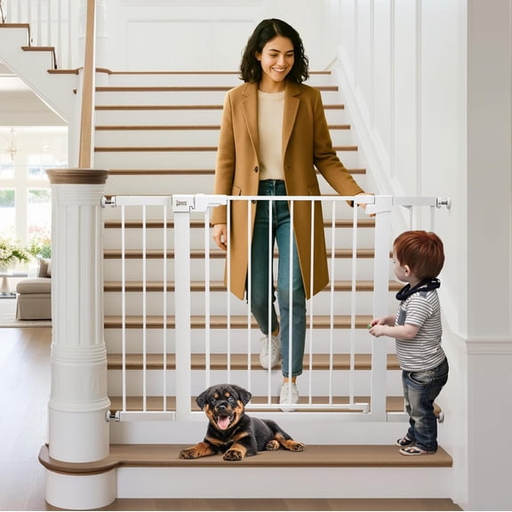 Mom Genius Pressure Mounted Baby Gate for Stairs, Extra Wide 29-48.8 Inch Adjustable, Auto-Close, Double Lock, 29.9" Tall Metal Dog Gates for Doorways, Kitchen & Hallways, CPC & CE Certified, White