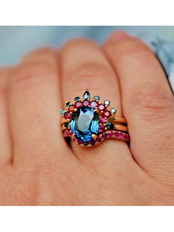 Halo Style Peacock Blue Sapphire & Ruby Ring, 14K Yellow Gold, 5 ct. t.w.