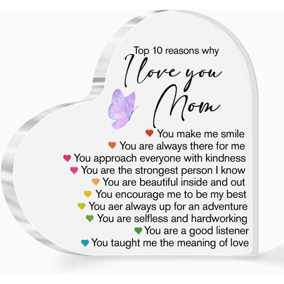 Mom Gift from Daughter or Son,Gifts for Mom Birthday Christmas Mother's Day,Top 10 Reasons Why I Love You Mom Sign Acrylic Heart Plaque,Mother's Day Gifts for Mother A495
