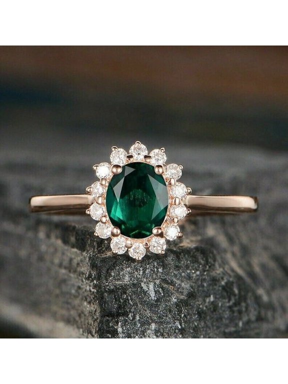 Mom Gift Emerald Gemstone With Zircon Halo Setting Ring 14K Yellow Gold Women Wedding Engagement Valentine Day Gift Ring Mothers Day Gifts