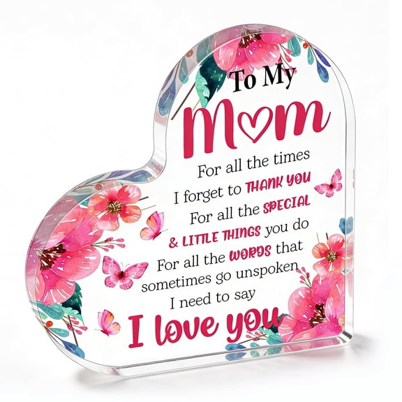 Mom Gifts from Daughter Son, Heart Shaped Acrylic Block for Mom - Floral I Love You Mom Decor, Sentimental Mothers Day Birthday Christmas Valentine's Day Present for Wife Women Grandma