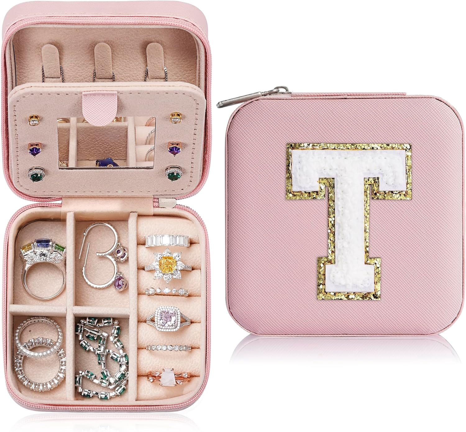 Mom Gifts For Women, Travel Jewelry Case For Mother Gifts | Travel Gifts For Mother Mom From Daughters | Travel Essentials Small Jewelry Box | Jewelry Travel Organizer - Letter T, Pink[Z1]