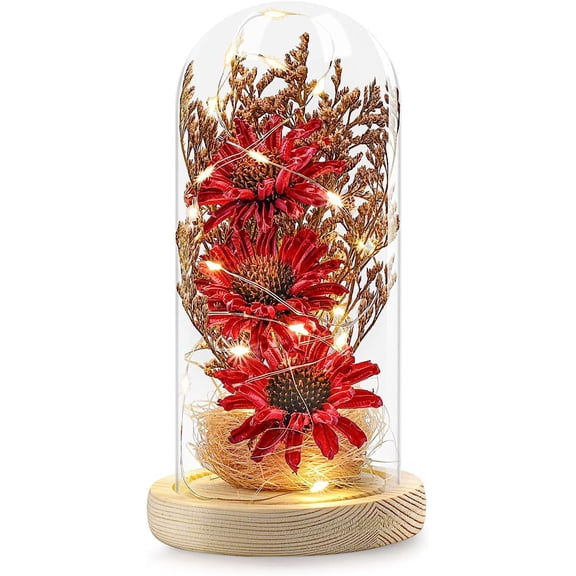 Mom Grandma Gifts on Mother's Day, Eternal Sunflower Gifts for Women, Artificial Sunflower in Glass Dome with Lights on Valentine's Day Anniversary Birthday Thanksgiving Christmas (Red)