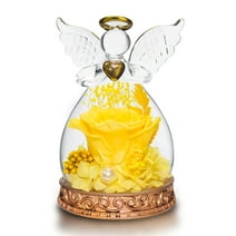 Mom Grandma Gifts on Mother's Day, Preserved Real Rose in Angel Glass Dome with LED Lights Angel Gifts for Thanksgiving Birthday Anniversary Wedding Valentine's Day (Yellow)