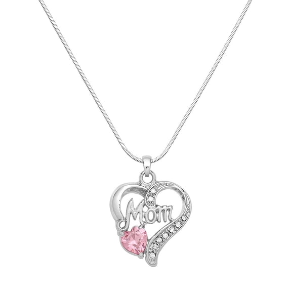 Mom Heart Pendant Necklace Rhinestone Crystal Rhodium Plated 17 Snake Chain J1097-PK