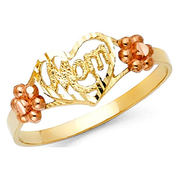 Mom Heart Ring 14k Yellow & Rose Gold Mothers Day Love Flower Band Polished Genuine 7MM Size 6