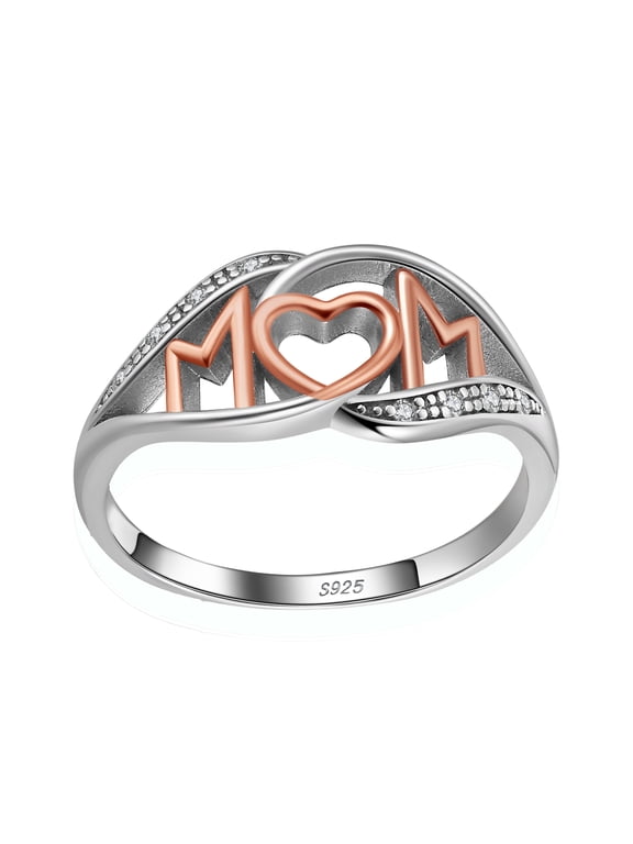 Mom Heart Ring White and Rose Gold Plated Sterling Silver Womens Ginger Lyne Collection