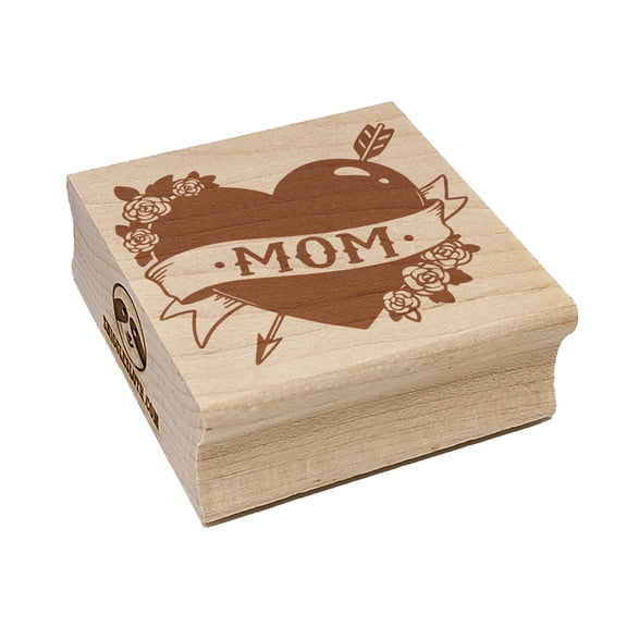 Mom Heart Tattoo with Flowers and Arrow Square Rubber Stamp Stamping Scrapbooking Crafting - Small 1.25in