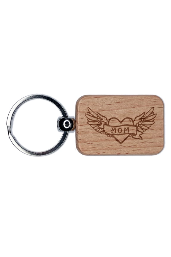 Mom Heart Tattoo with Wings Rectangle Keychain Charm Tag - Engraved Wood
