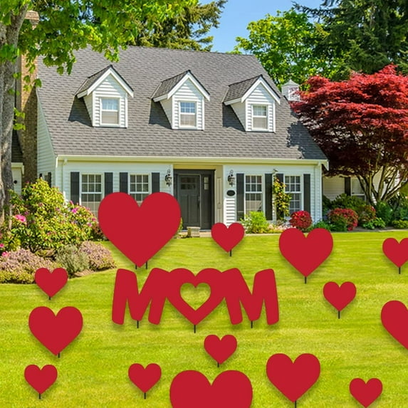 Mom & Hearts Mother's Day Yard Decoration Set- Waterproof Mother's Day Decorations w/19 Short Stakes 12394