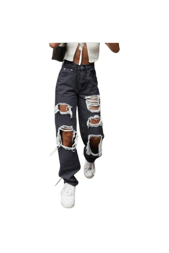 Mom Jeans for Women High Rise Straight-Leg Pants Solid Black Xxl