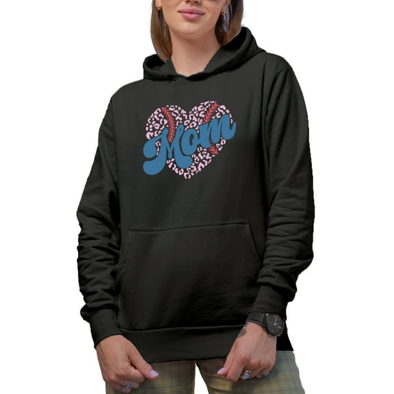 Mom, Leopard Print Heart Baseball Ball Art Merch Gift, Black Hooded Sweatshirt or Hoodie, Medium