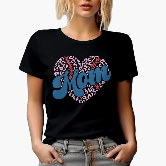 Mom, Leopard Print Heart Baseball Ball Art Merch Gift, Black T-Shirt, 3XL