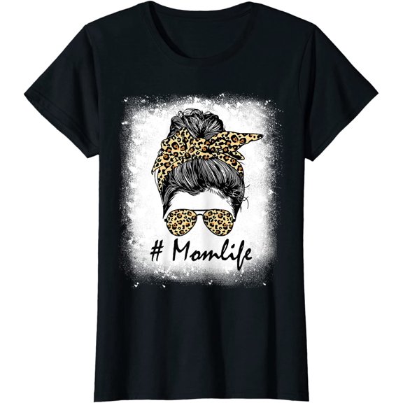 Mom Life Bleached Shirt Mom Life Leopard Messy Bun T-Shirt