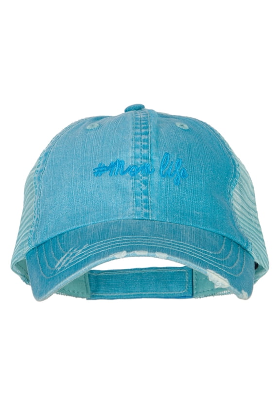 Mom Life Embroidered Low Profile Cotton Mesh Cap - Aqua OSFM