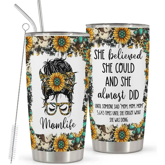 Mom Life Gifts for Women - Stainless Steel Mom Tumbler Cup 20oz - Leopard Sunflower Travel Mug - Funny Birthday Gifts for Mom Women Wife & Mothers Day Gift For Mom From Daughter Son Husband