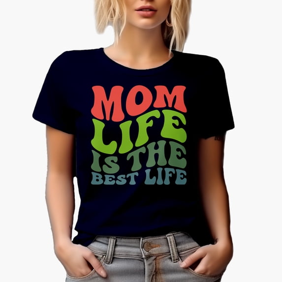 Mom Life Is the Best Life, Enjoying Motherhood Quote, Groovy Retro Wavy Text Merch Gift, Navy Blue T-Shirt, Large