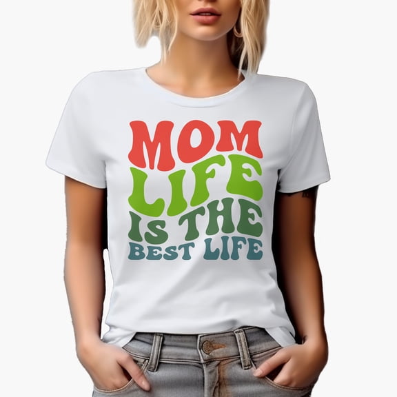 Mom Life Is the Best Life, Groovy Retro Wavy Text Merch Gift, White T-Shirt, XL