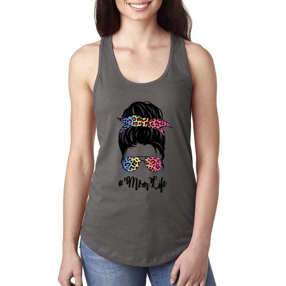 Mom Life Messy Hair Bun | Tie Dye Leopard Print Bandana | Funny Mother's Day Mother's Day Ladies Racerback Sleeveless Top, Dark Grey, M