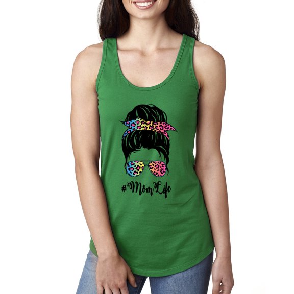 Mom Life Messy Hair Bun | Tie Dye Leopard Print Bandana | Funny Mother's Day Mother's Day Ladies Racerback Sleeveless Top, Kelly, S
