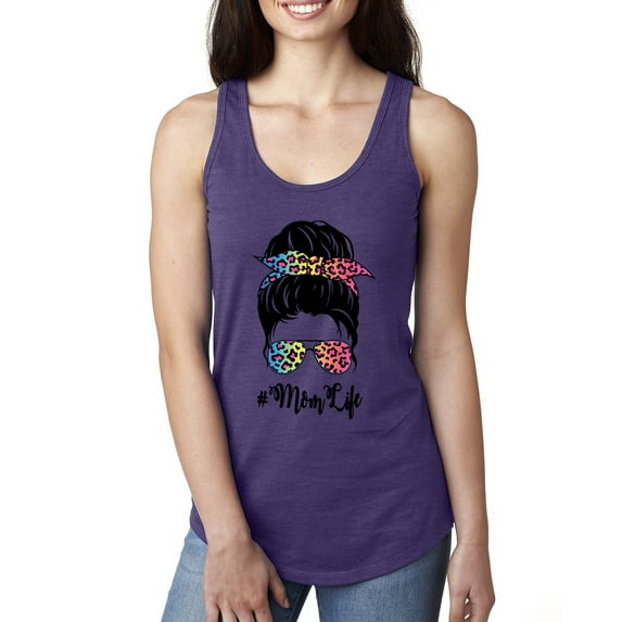 Mom Life Messy Hair Bun | Tie Dye Leopard Print Bandana | Funny Mother's Day Mother's Day Ladies Racerback Sleeveless Top, Purple Rush, M
